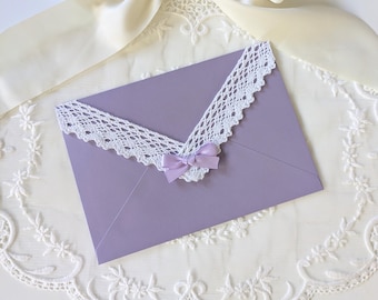 Lavender Lace Envelopes with Bow | Purple Shimmer A7 Romantic Envelopes for Invitations, Bridal Showers, Weddings, and Love Letters
