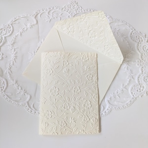Shows the inside of the envelope with the card shown. Envelopes and cards are approximately 5x7 inches.