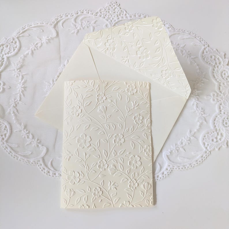 Shows the inside of the envelope with the card shown. Envelopes and cards are approximately 5x7 inches.