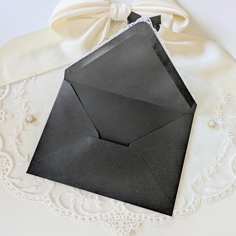 Black and White Lace Envelopes | Shimmer A7 Envelopes with Bow for 5x7 Cards, Party Invitations, Letter Writing image 3