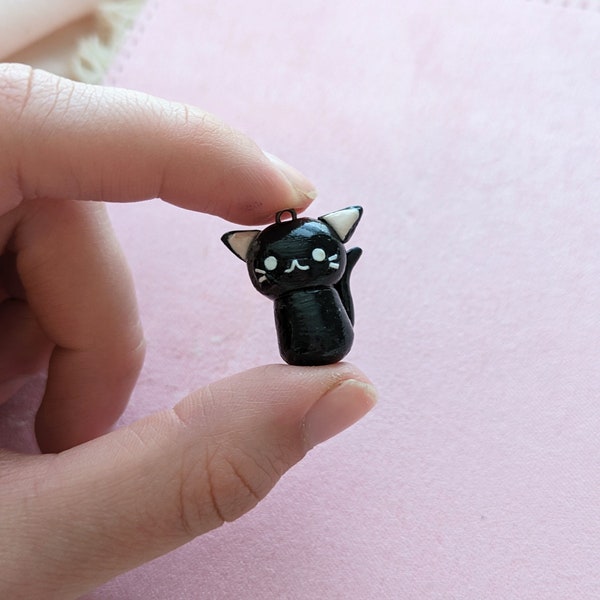 Cute Polymer Clay Black Cat Charm, Miniature Kawaii Cat Charm, Handmade Gifts for Her