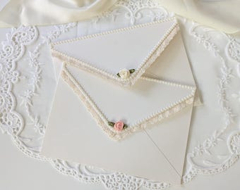 Shimmer Ivory Envelope with Pearls | Elegant A7 Envelope with Rose for Weddings, Bridal Showers, Love Letters, Invitations, and More