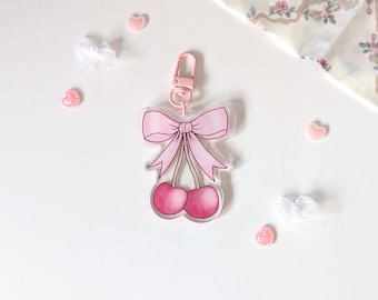Coquette Acrylic Cherry Keychain | Cute Bow Charm Accessory for Purses, Bags, Keys, and Backpacks