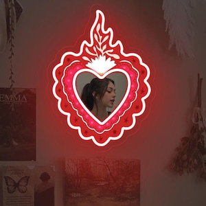 Herz Spiegel Neon Schild, Katholischer Spiegel LED-Schild, Sacred Heart Spiegel Dekor, Make-up Neon Spiegel, Taufgeschenke, Religiöse Kunst, Katholische Geschenke