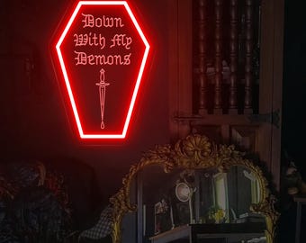 Letrero de neón "Abajo con mis demonios", decoración gótica de ataúd