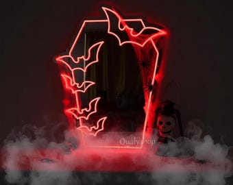 Coffin Bat Mirror Neon Sign: Gothic Room Decor