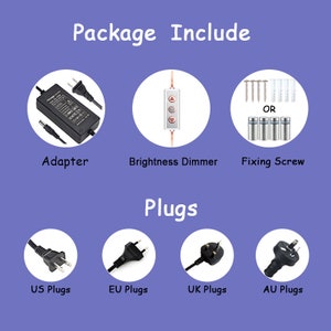 May include: A package includes a black power adapter, a brightness dimmer switch, and fixing screws. The package also includes four different types of plugs: US, EU, UK, and AU.