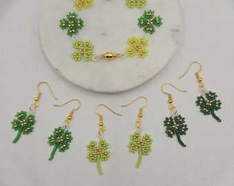 Lucky Charm Four-Leaf Clover Jewelry – Handmade Beaded Bracelet & Earrings