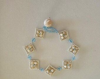 Handmade Square Beaded Bracelet, Natural Shell Clasp, Custom Length 6-8 Inches