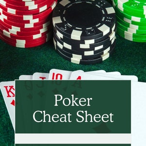 May include: A green felt table with stacks of red, green, and black poker chips.  A hand of playing cards is spread out on the table with the text "Poker Cheat Sheet" in the center.