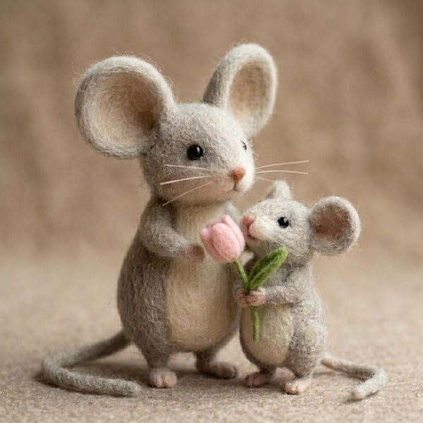 Needle Felt Mouse Family Figurine,  Flower Mouse Gift for Mom, Woodland Shelf Decor