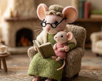 Needle Felt Mouse Family Scene, Wool Mom Baby Decor, Mother's Day Gift