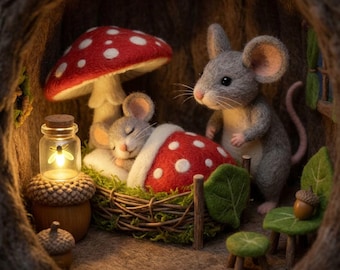 Needle Felt Mouse Family Scene, Wool Mom Baby Decor, Mother's Day Gift