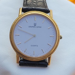 Vintage Universal Geneve Fluted Bezel White Dial Quartz Gold Slim Rare Classical Swiss Made Wrist Watch