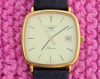 Vintage Longines Presence 156-7114 Square Slim 18K Gold Plated Swiss Made Men's Wrist Watch