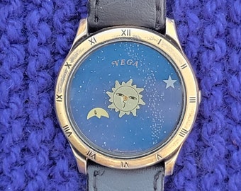 Vintage 1989 Citizen Vega Disc Time 4A31 Rare Sun Galaxy Reloj de pulsera coleccionable