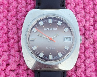 Vintage 1970 Sandoz 25 joyas acero inoxidable excelente raro reloj de pulsera para hombre hecho en Suiza