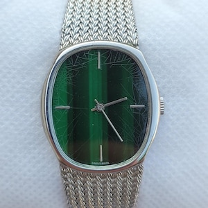 Vintage Arcana Ellipse Stone Spider Dial Manual Winding Swiss Made Rare Men's Wrist Watch Green Silver