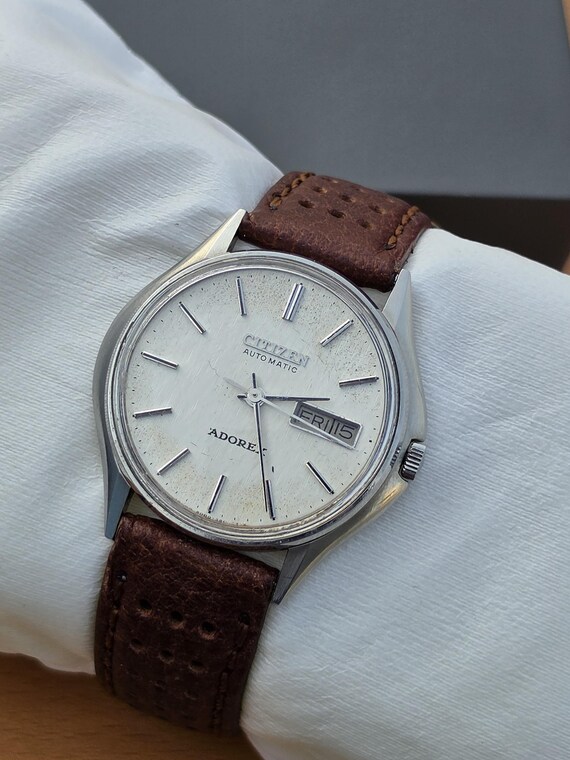 Vintage Citizen Adorex Patina Dial Automatic Stainless Steel Rare 1970s Men's Leather Watch View 5