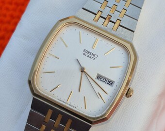 Vintage 1980s Seiko SQ Quartz 8123-5089 Silver Dial Two Tone Dual
