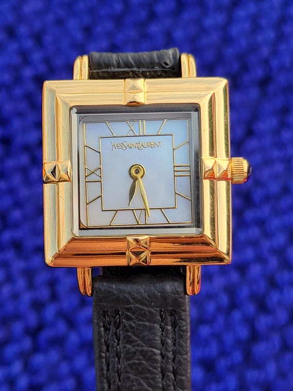 Yves Saint Laurent  腕時計 レディース Vintage YSL Mother of Pearl Watch: Black Leather Band, Art Deco