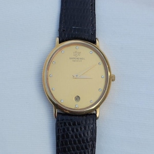 Vintage Raymond Weil 5524 Unisex Watch Gold Black Diamond Accents Date Classic