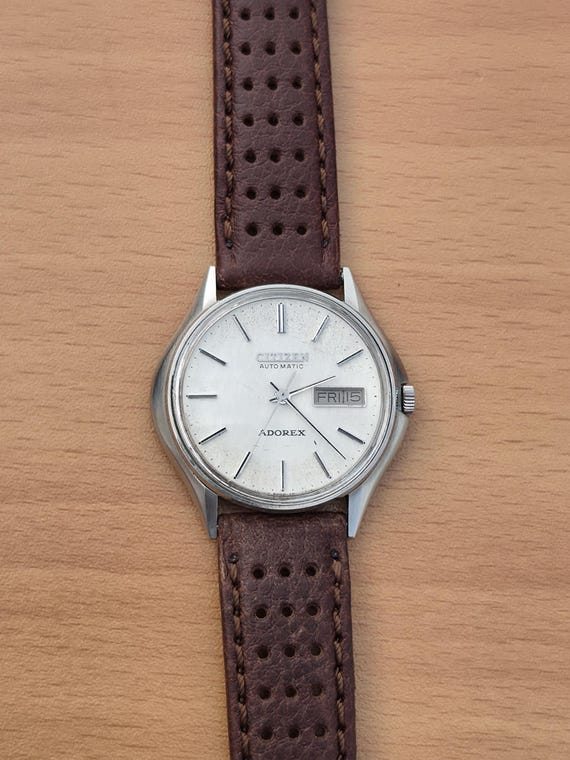 Vintage Citizen Adorex Patina Dial Automatic Stainless Steel Rare 1970s Men's Leather Watch View 6