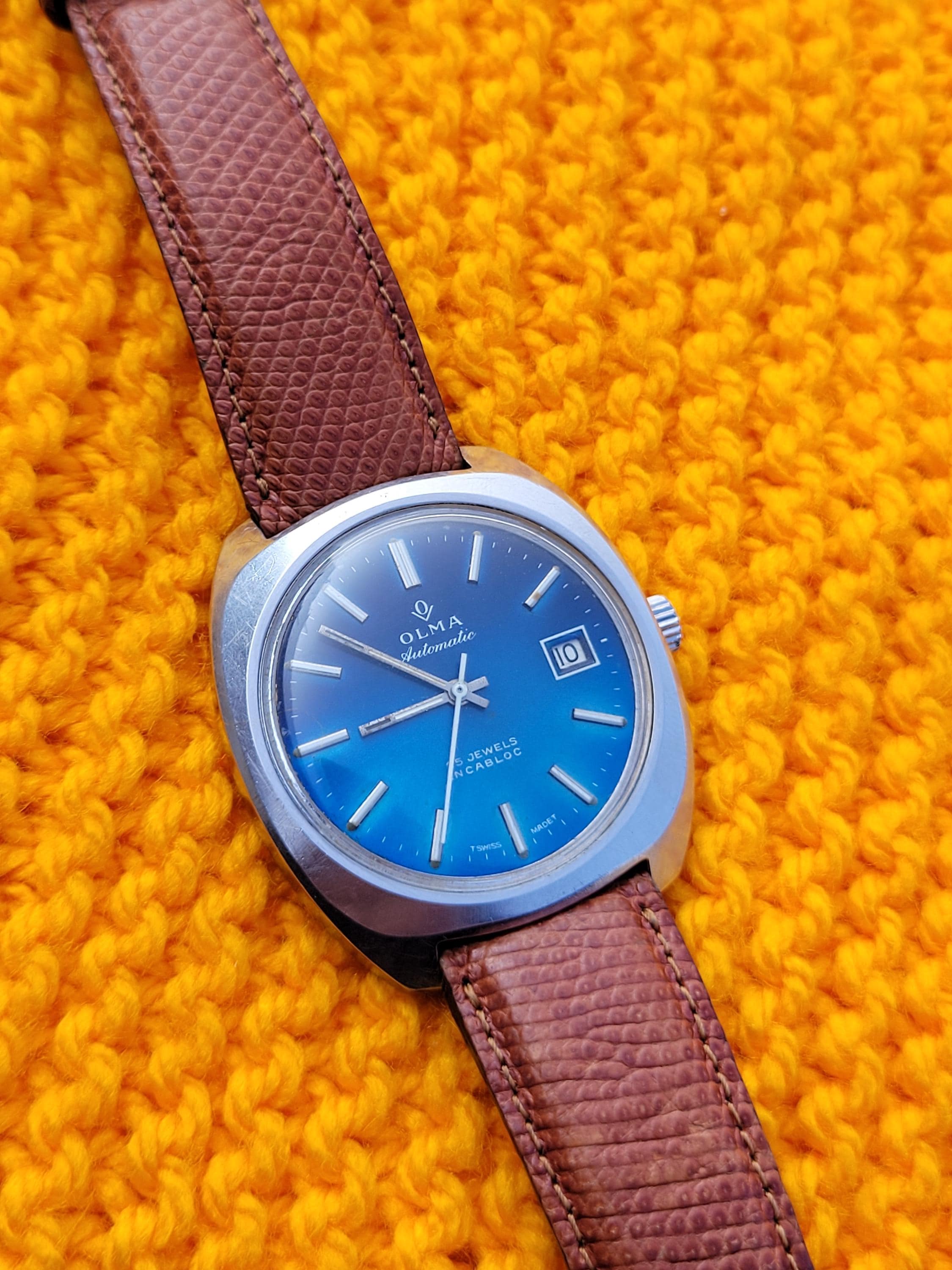 Vintage Olma Blue Dial Automatic Watch: Swiss Made 25 Jewels