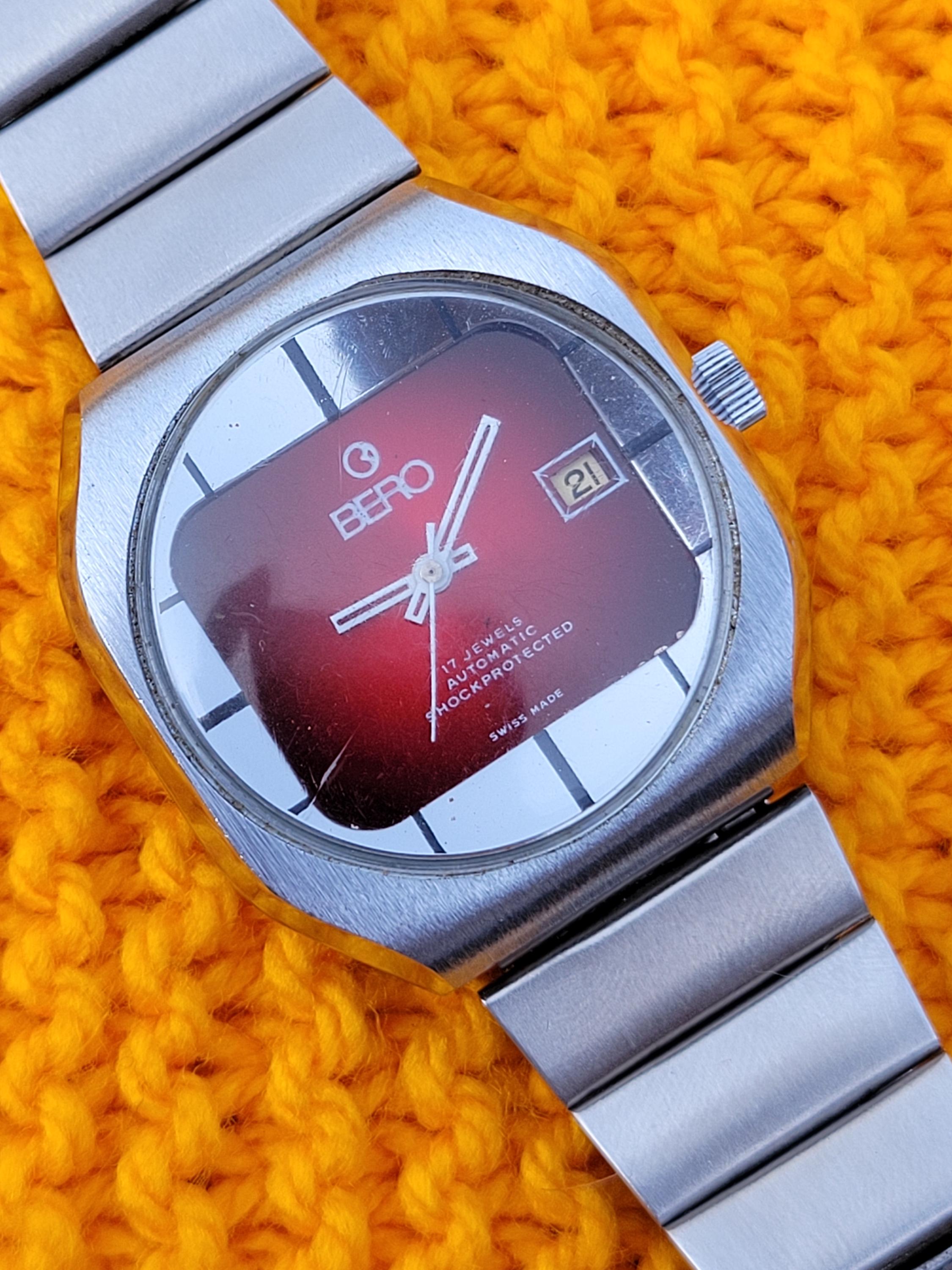Vintage BERO Automatic Watch: Red Dial Swiss Made Stainless 