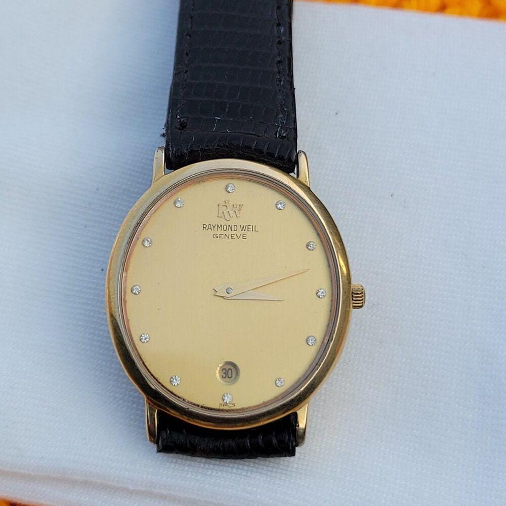 Vintage Raymond Weil 5524 Unisex Watch Gold Black Diamond Accents