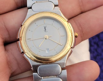Vintage YSL Yves Saint Laurent Men's Watch - Gold Bezel, Stainless