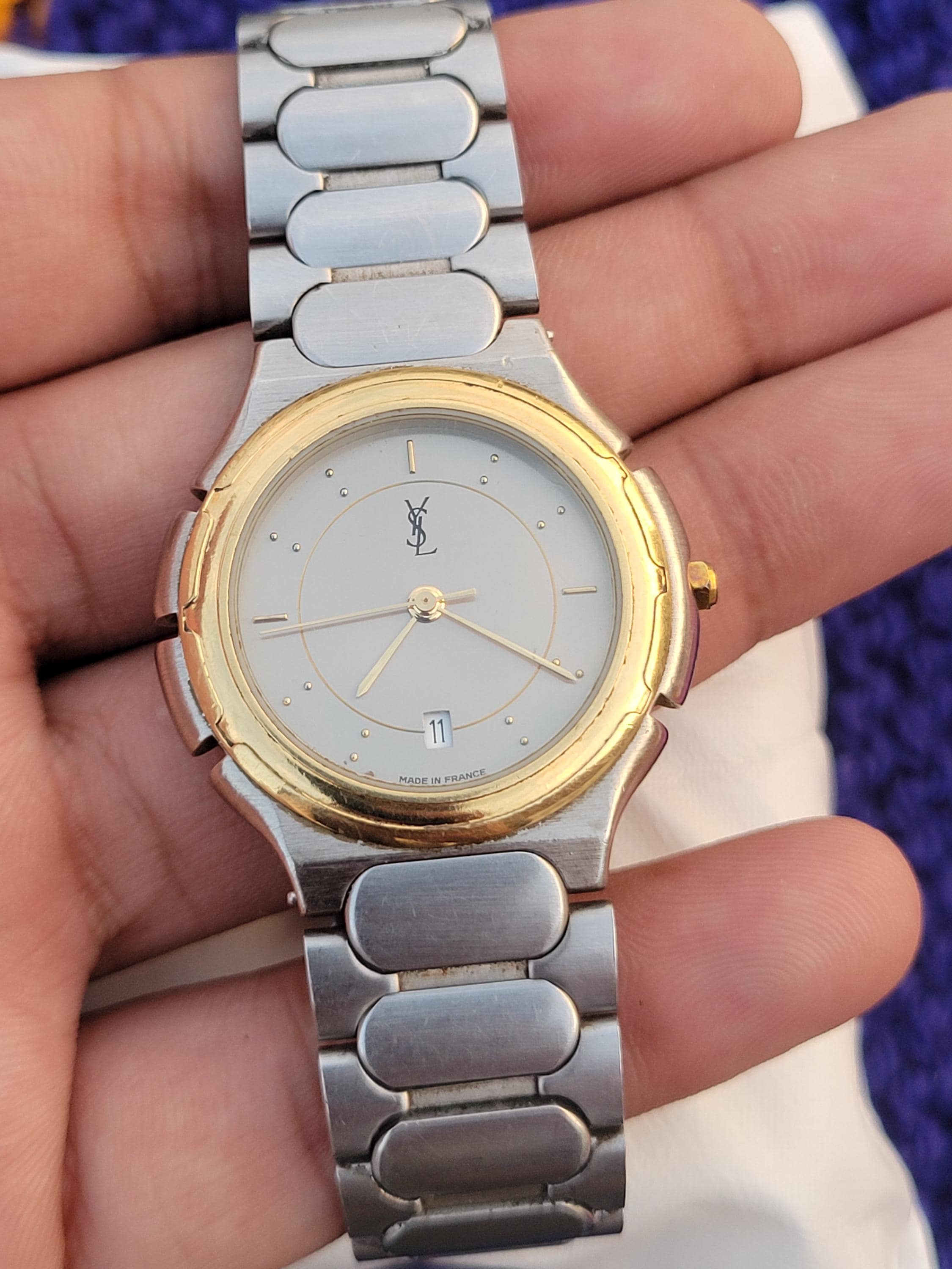 Vintage YSL Yves Saint Laurent Men's Watch - Gold Bezel, Stainless