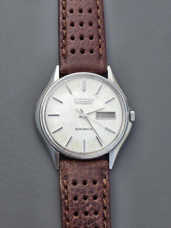 Vintage Citizen Adorex Patina Dial Automatic Stainless Steel Rare 1970s Men's Leather Watch