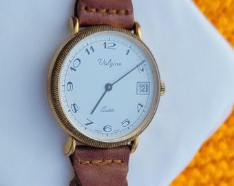 Classical Vintage Valgine Quartz Brown Leather Rare Swiss Made