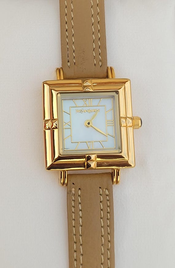 Vintage YSL Mother of Pearl Watch: Art Deco Camel Leather Band - Etsy