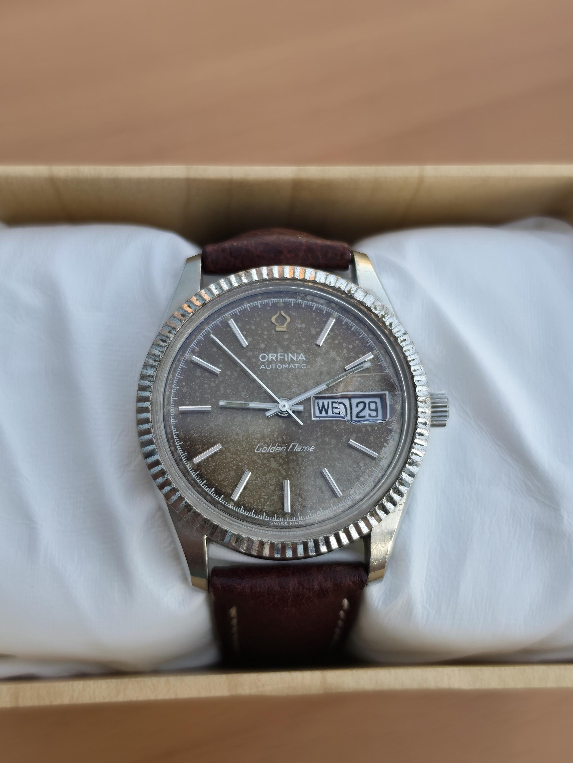 Vintage Orfina Golden Flame Automatic Watch: Stainless Steel