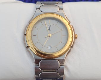 Vintage YSL Yves Saint Laurent Men's Watch - Gold Bezel, Stainless