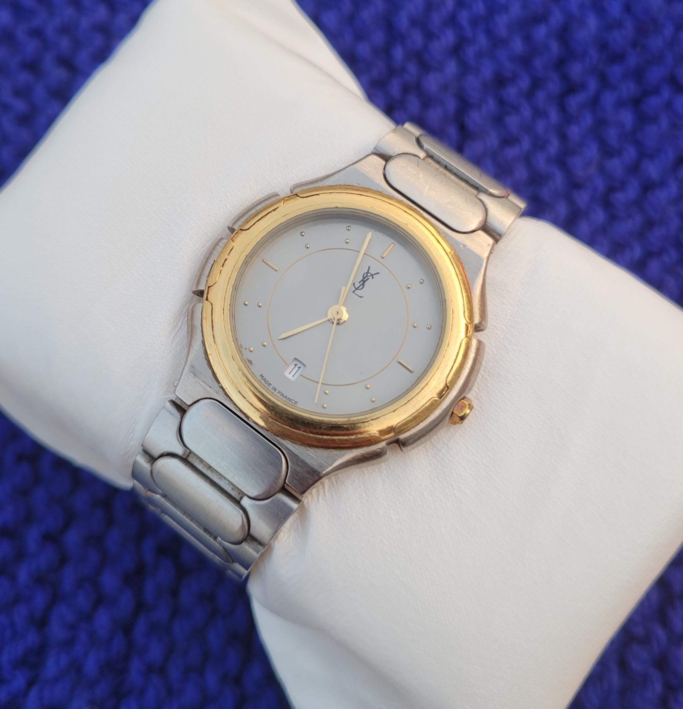 Vintage YSL Yves Saint Laurent Men's Watch - Gold Bezel, Stainless