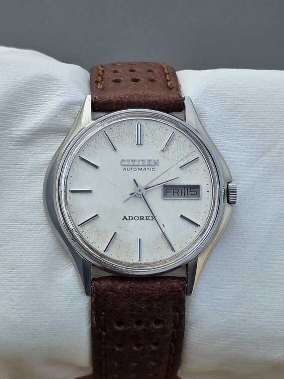 Vintage Citizen Adorex Patina Dial Automatic Stainless Steel Rare 1970s Men's Leather Watch View 4