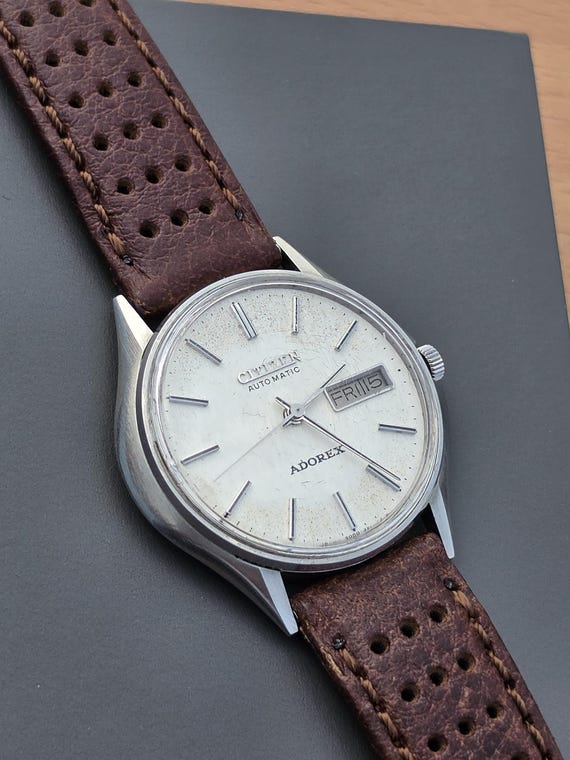 Vintage Citizen Adorex Patina Dial Automatic Stainless Steel Rare 1970s Men's Leather Watch View 2