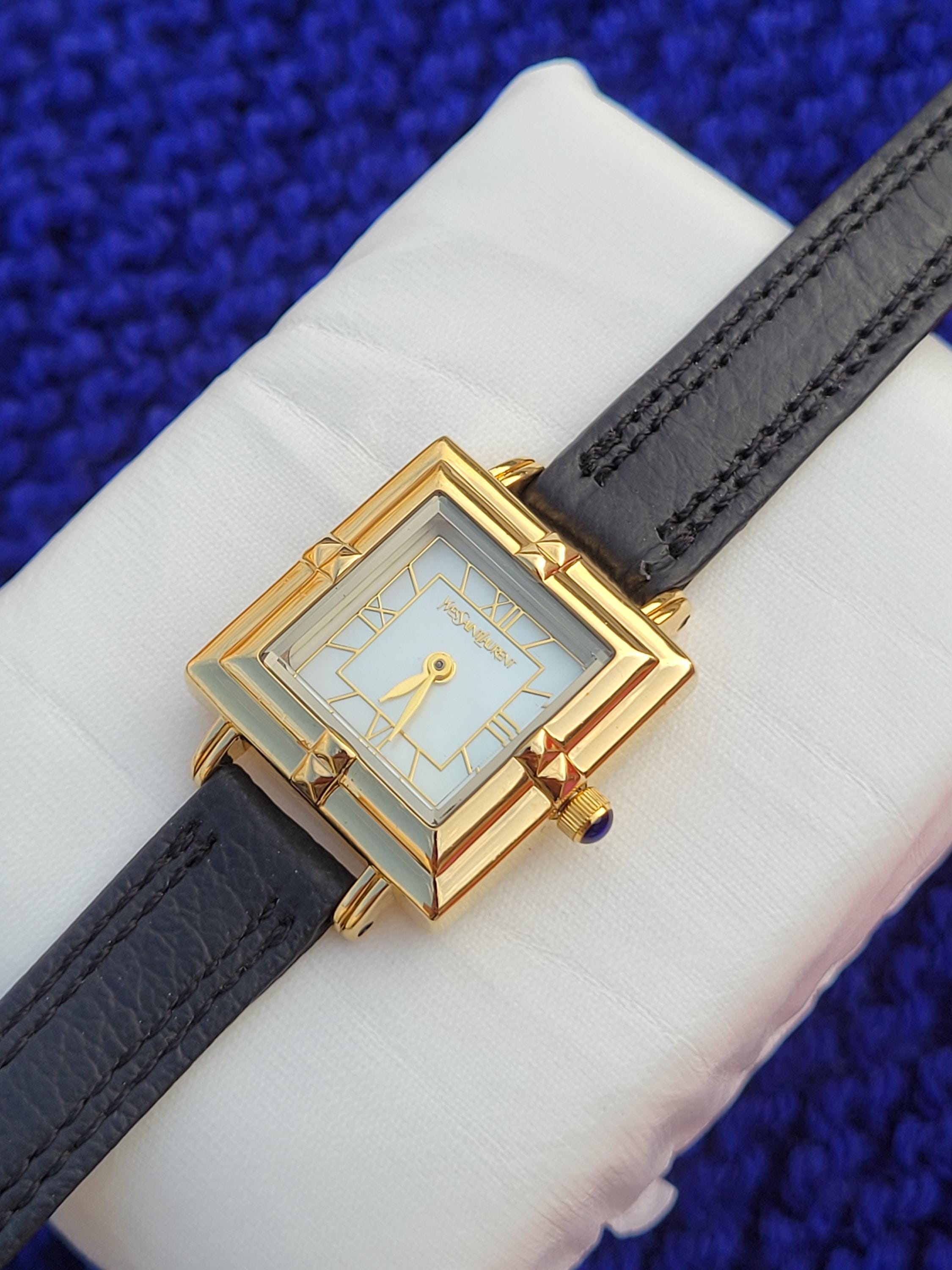 Vintage YSL Mother of Pearl Watch: Black Leather Band, Art 