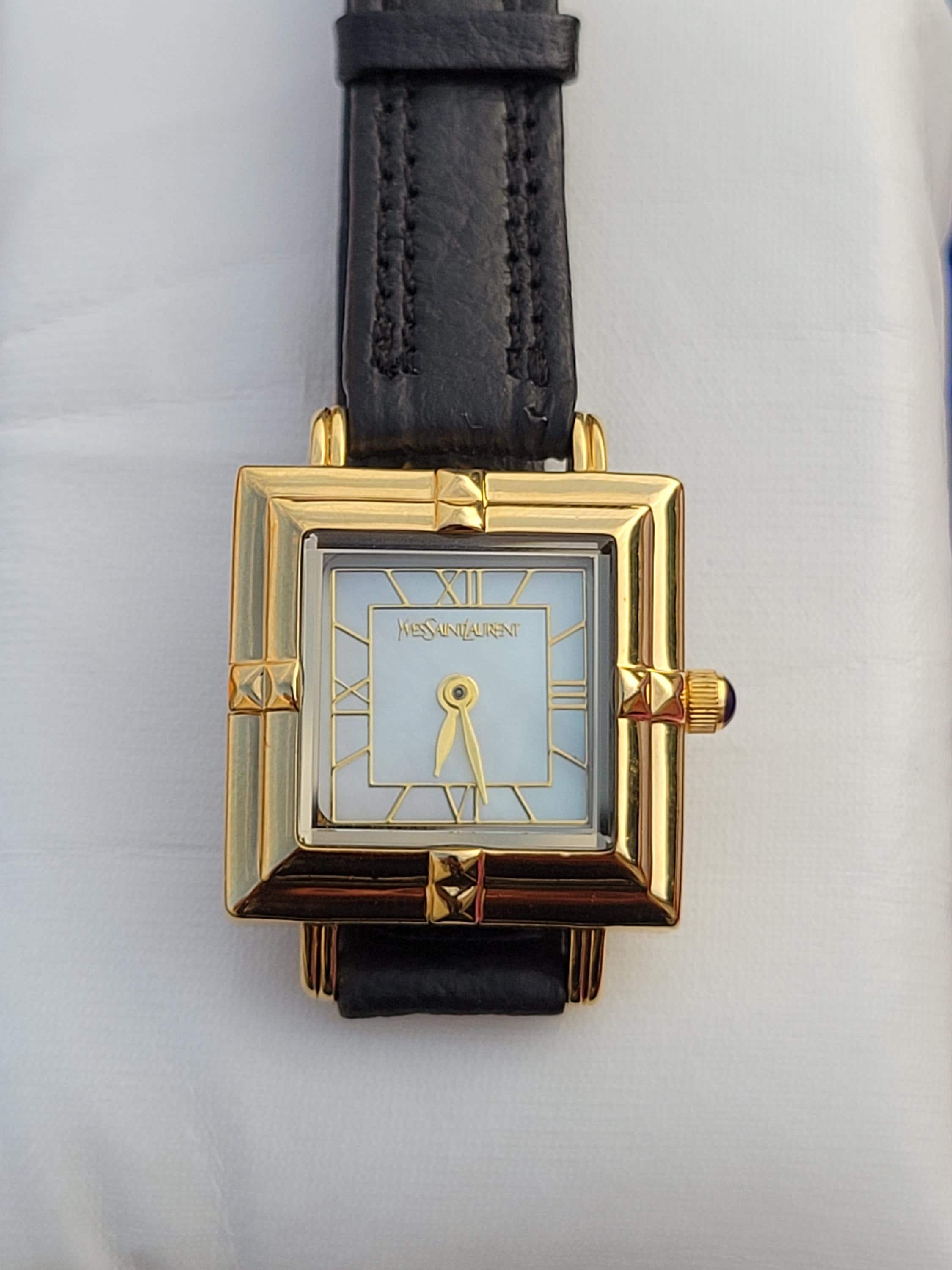 Vintage YSL Mother of Pearl Watch: Black Leather Band, Art  display picture 1