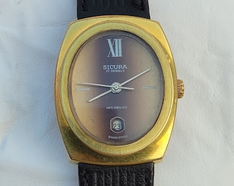 Reloj de pulsera Sicura vintage raro de 17 joyas, de cuerda manual, fabricado en Suiza.