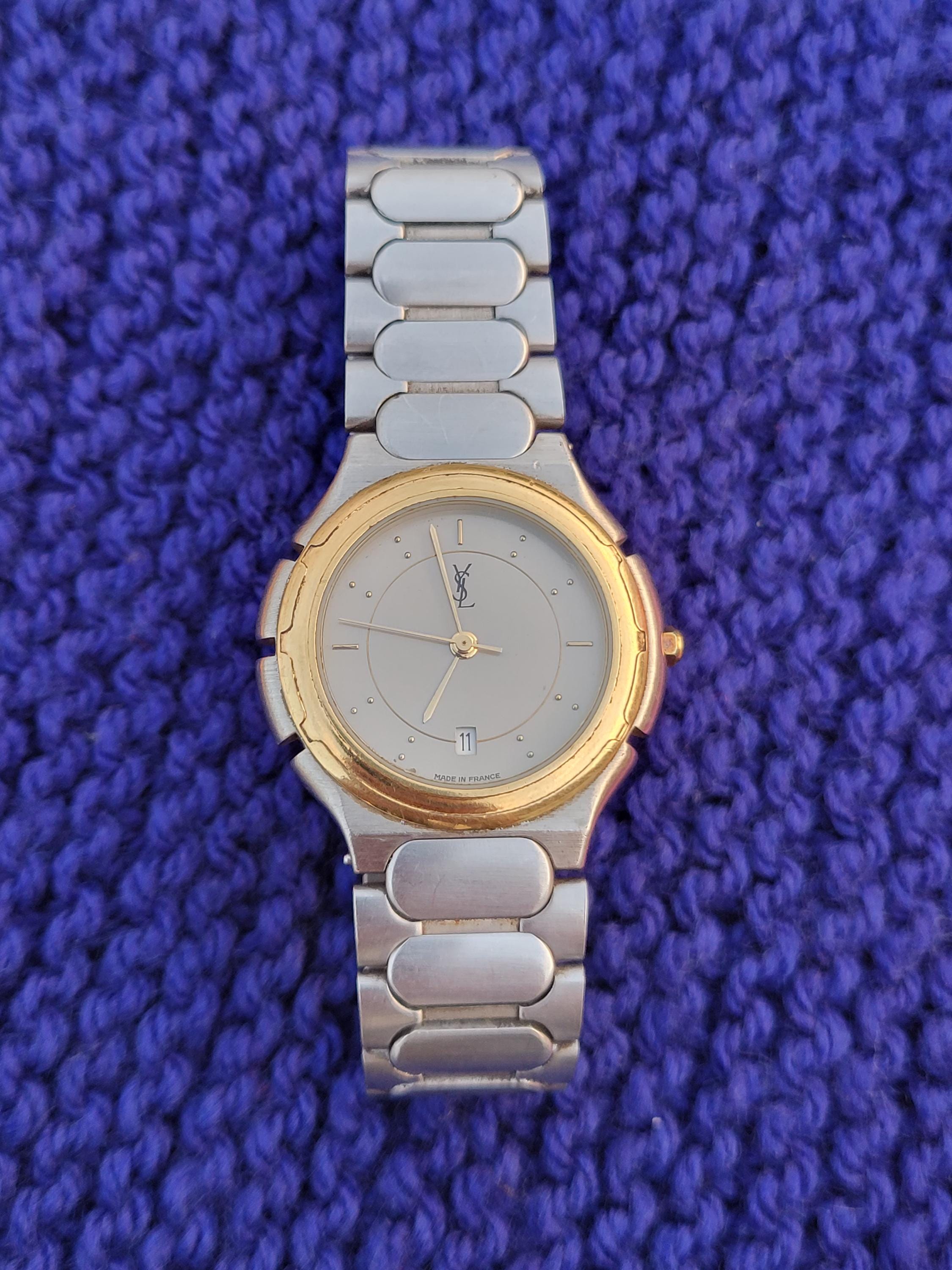 Vintage YSL Yves Saint Laurent Men's Watch - Gold Bezel, Stainless