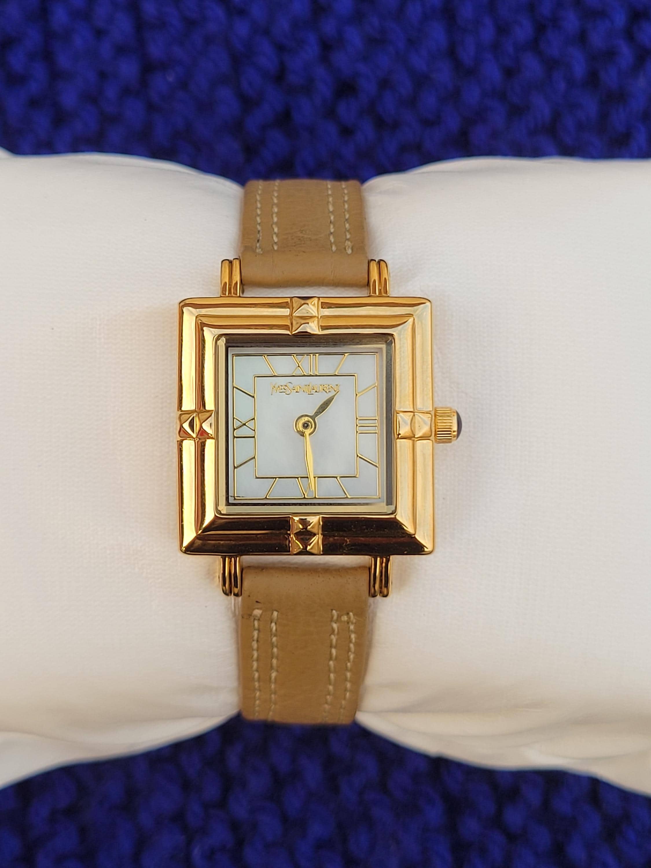 Vintage YSL Mother of Pearl Art Deco Camel Leather Band Women's