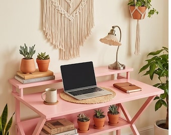 Pink Kids Desk with Monitor Stand, Children Study Table for Girls, Space‑Saving Home Learning Desk with Screen Riser, Bedroom Study Furnitur