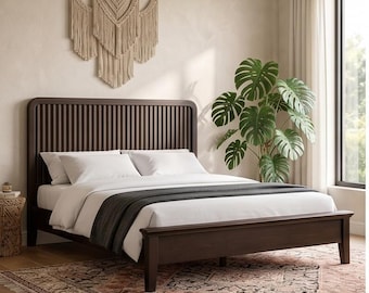 Queen Size Solid Wood Walnut Bed Frame, Handmade Sturdy Platform Bed Frame, Mid Century Modern Bedroom Furniture, No Box