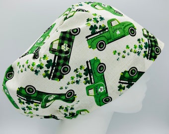 St Patrick’s Day Good Luck Shamrock Clover Truck Scrub Cap Surgical Hat Cotton Women’s