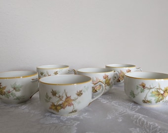 May include: Six white teacups with a gold rim and a floral pattern of green, brown, and yellow leaves.