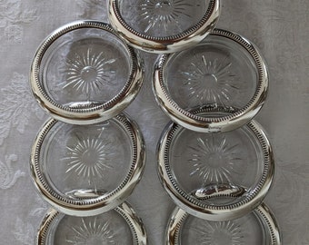 Juego de 7 posavasos vintage Leonard de plata y cristal